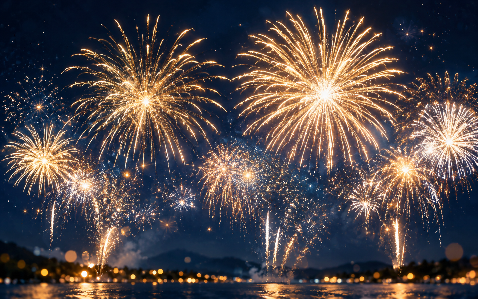 Golden New Year fireworks lighting up the night sky